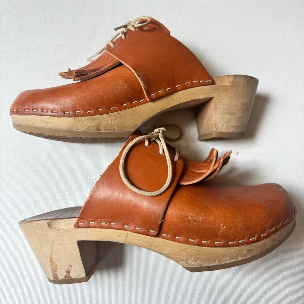 Bryr Leather Fringe Clogs Cottagecore Boho Handmade Wooden Sole 5 Scandi Chic - Picture 2 of 5